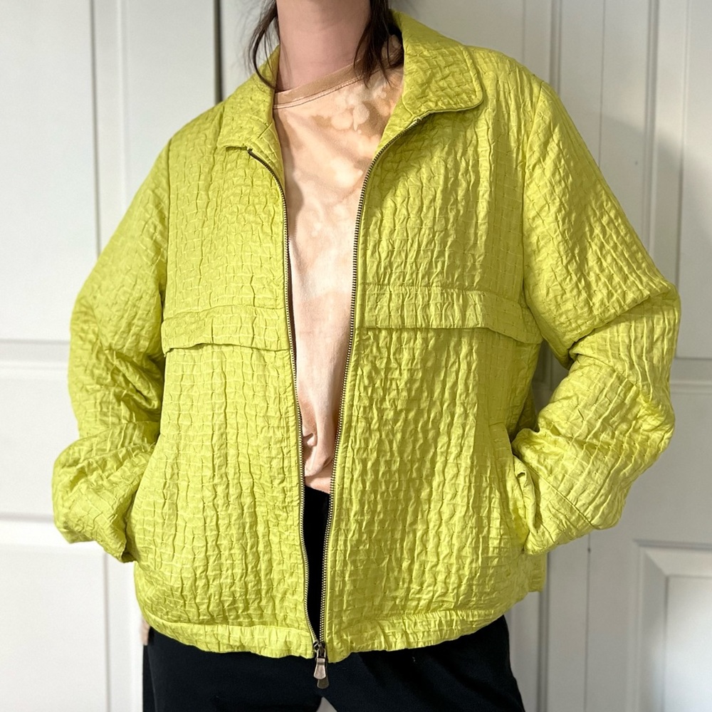 600 West Lemon Lime Green Textured Sheen Bomber Jacket